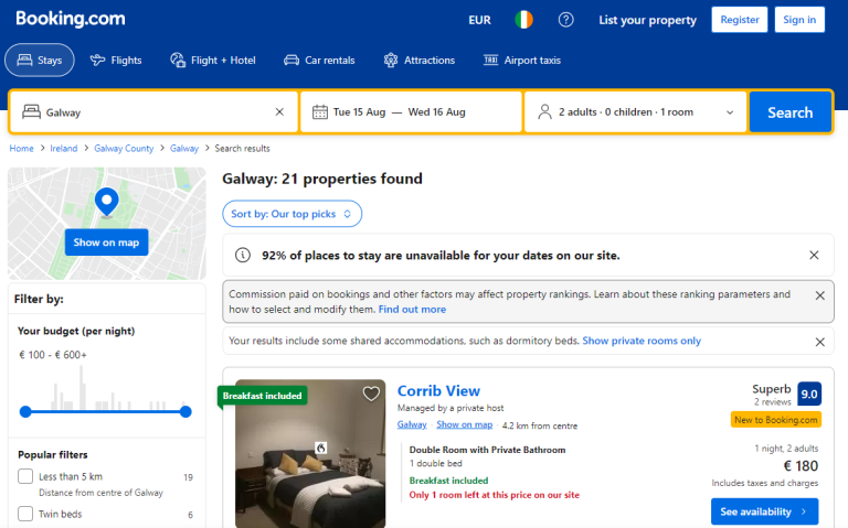 Book.com website for room and house rental